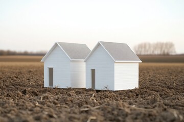 Two small white houses are positioned in the middle of a brown, barren field. The environment appears quiet and empty beneath a soft sky, indicating a peaceful rural setting.