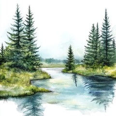 Watercolor painting of a serene river flowing through a coniferous forest.