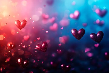 An abstract Valentine's Day background filled with swirling hearts in vibrant reds and pinks, evoking love and romance in a dreamy design.