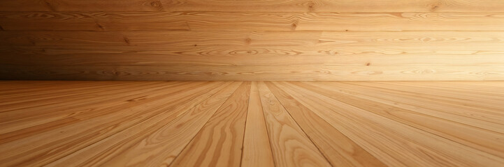 Naklejka premium Warm wooden interior with polished floor and wall texture in natural light for design 