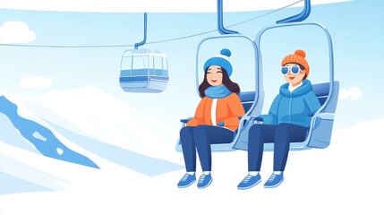 Two Friends Enjoying Scenic Ride on Ski Lift Surrounded by Snowy Mountains and Clear Blue Sky Creating a Fun and Adventurous Winter Experience
