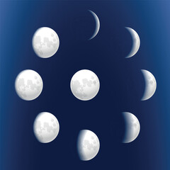 Phases of the moon with craters. Vector on a blue background
