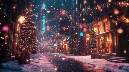 Neon Winter Wonderland: Cityscape with holographic Christmas decorations