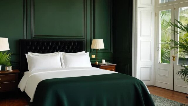 This serene bedroom features a dark green wall, plush bedding, and large windows flooding the space with natural light