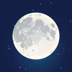 Realistic moon with craters on the background of the starry sky. Vector