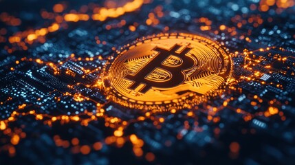 A digital representation of Bitcoin over a cityscape, symbolizing cryptocurrency and technology.