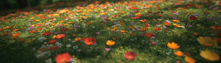 A vibrant field filled with colorful flowers in a natural setting.