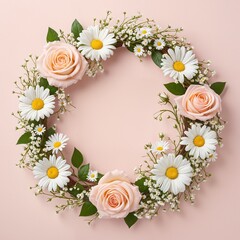 Obraz premium a wreath of pink roses with daisies and leaves on a pink background