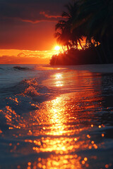 Photo réaliste d’une plage déserte au coucher du soleil, avec une lumière dorée et chaude se reflétant sur le sable mouillé, tandis que des palmiers gracieux se dessinent en arrière-plan