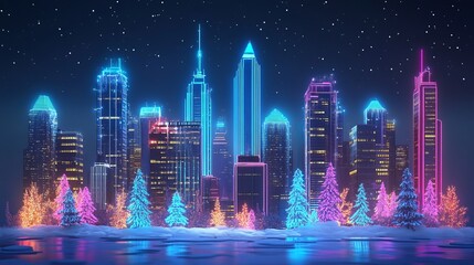 Obraz premium Neon Winter Wonderland: Cityscape with holographic Christmas decorations