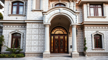 Fototapeta premium Ornate Building Entrance with Double Doors and Stone Facade