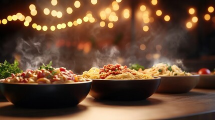 A Festive Table Displayed with Colorful Bowls of Delicious Food Surrounded by Soft String Lights Creating a Warm and Inviting Atmosphere for Guests
