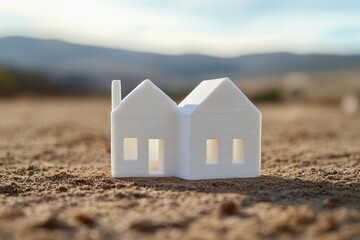 A detailed 3D printed model of a house sits on sandy ground, surrounded by nature during the golden...