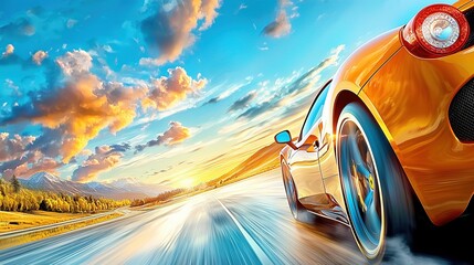 Luxury sports car accelerates on a deserted highway at sunrise, capturing the thrill of speed in...