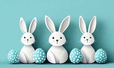 Fototapeta premium Easter bunnies celebrate spring with colorful eggs on a polka dot backdrop in a cheerful greeting card design