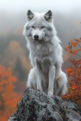 Obraz premium Majestic white wolf sits on a rock, overlooking autumn foliage in misty mountain scenery.