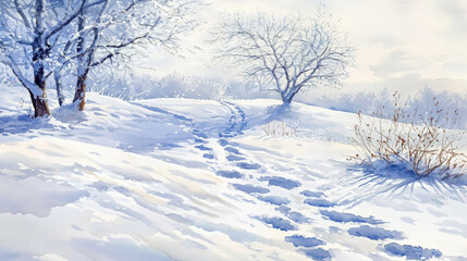 serene snowy trail leads through winter landscape with gentle hues