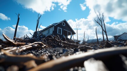 Fototapeta na wymiar Desolate Scene of a House Amidst Ruins and Debris After a Catastrophic Storm Highlighting the Impact of Natural Disasters on Communities and Homes