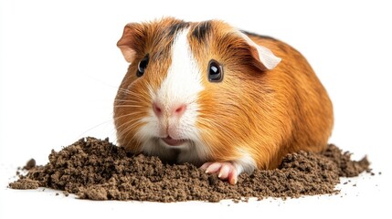 A cute guinea pig resting on a mound of soil, showcasing its vibrant fur and curious expression.