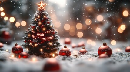 Obraz premium A festive Christmas tree adorned with ornaments and a glowing star, surrounded by snow and decorations.
