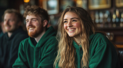 Fototapeta premium Joyful Friends Relaxing Indoors in Casual Setting with Warm Smiles, St. Patrick's Day Celebration