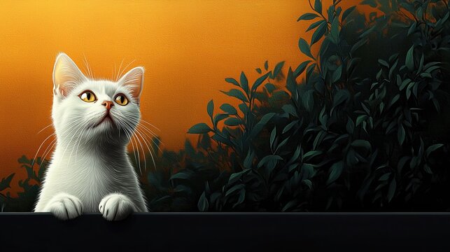 Elegant white cat gazing curiously at the sunset horizon surrounded by lush foliage during twilight - Powered by Adobe