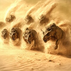 A dynamic scene depicting a group of powerful creatures charging through a sandy landscape.
