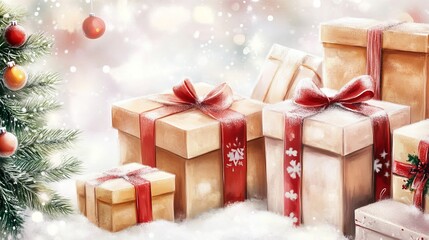 Christmas gifts reunion concept. Festive scene with wrapped gifts and a Christmas tree in a snowy setting.