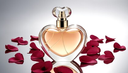 a heart-shaped perfume bottle on a white surface studded with petals