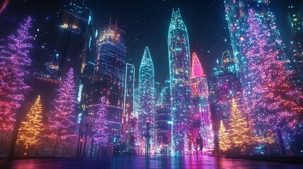 Naklejka premium Neon Winter Wonderland: Cityscape with holographic Christmas decorations