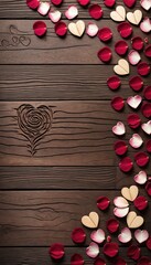 pink and red rose petals scattered on a wooden table