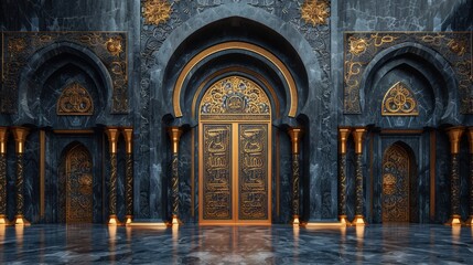 Obraz premium A large, ornate building with gold accents and a gold door