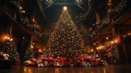 A festive interior with a large Christmas tree and presents, creating a holiday atmosphere.