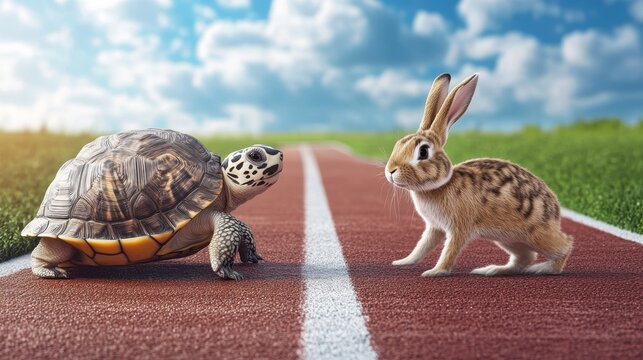 Race between a turtle and a rabbit track field digital art outdoor scene close-up perspective friendship theme