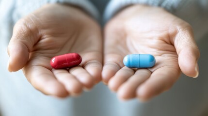 Choosing between red and blue pills health decision making home setting close-up image calm atmosphere personal perspective