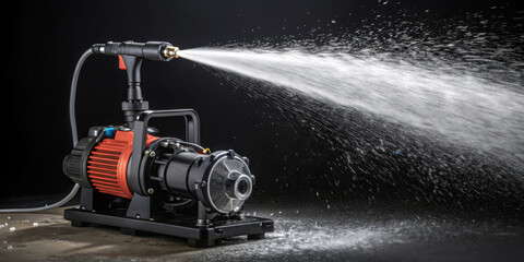 High-performance water pump sprays out a strong jet of water,making it dynamic and energetic.Contrast between the black background and the metallic parts highlights the functionality of the machine.AI