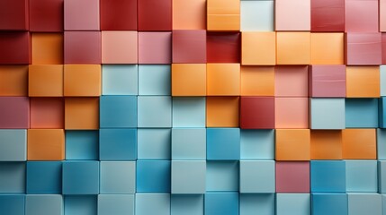 A colorful wall made of blocks with blue, orange, and pink colors