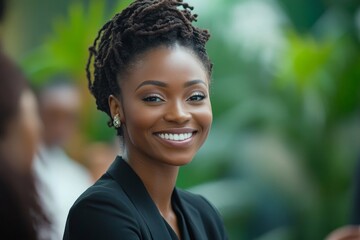 Presentation, success or applause of business people in a meeting for sales growth, goals or deal. Partnership, collaboration or happy black woman with smile or praise for a manager in, Generative AI