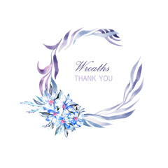 wreath watercolor blue daisy flower on white background, thank you text place