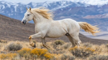 Obraz premium Majestic White Mustang Galloping Across the Nevada Desert