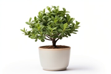 Fototapeta premium A beautiful small tree in a white ceramic pot, perfect for home decor and indoor gardening.