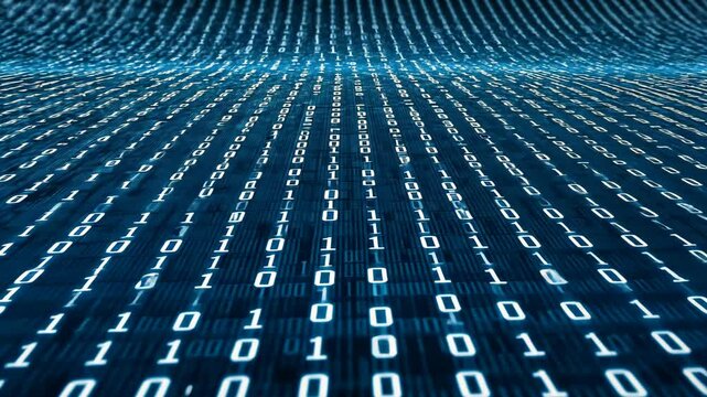 Digital binary code flowing across a grid in a futuristic environment
