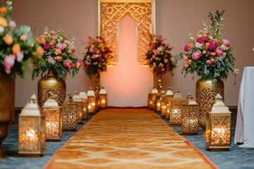 A beautifully decorated event space with floral arrangements and lanterns along a carpeted aisle.