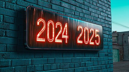 Obraz premium A Bright Neon Display of 2024 Transitions into 2025 on a Textured Brick Wall Surrounded by Urban Charm.