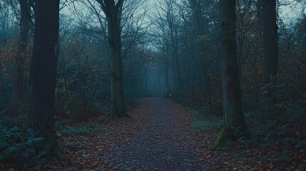 Naklejka premium Misty Forest Path: An Autumnal Walk