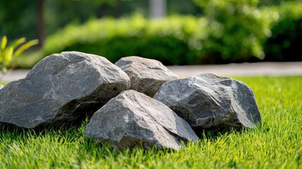 Obraz premium A Tranquil Arrangement of Large Boulders Nestled in Lush Green Grass Creating a Natural Landscape Perfect for Outdoor Spaces and Serenity in Nature