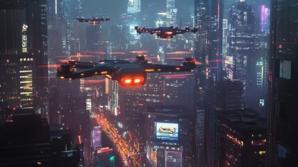 Futuristic city skyline at night with flying drones.