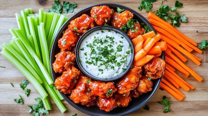 A platter of saucy barbecue chicken wings served with fresh celery, carrot sticks, creamy ranch dip,