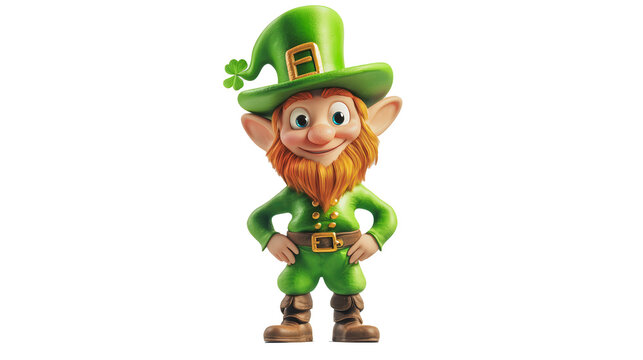 A green leprechaun with a green hat and beard stands on a white background - Powered by Adobe