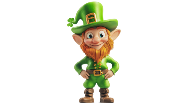 A green leprechaun with a green hat and beard stands on a white background - Powered by Adobe